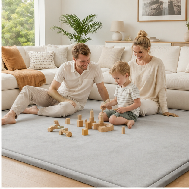 Family playtime on the CloudOne play mat in Silver Grey