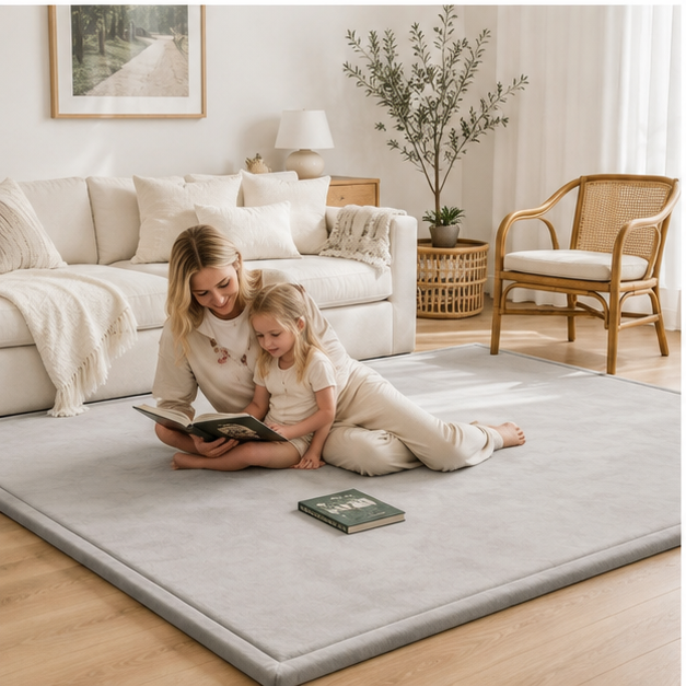 Mother and daughter reading on the CloudOne play mat in Silver Grey