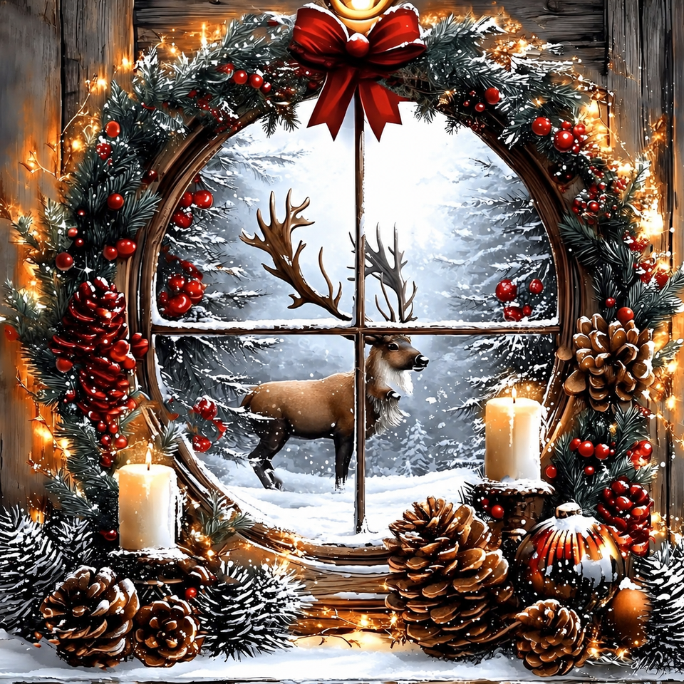 Winter deer window · 30 × 30 cm diamond painting design