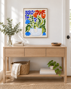 Blue & Orange Bouquet — finished project above an entryway console