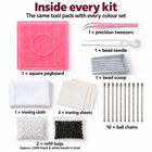 Kit accessories: 1 square pegboard, 1 precision tweezers, 1 bead needle, 1 bead scoop, 1 ironing cloth, 3 ironing sheets, 10 ball chains and 2 refill bags containing approximately 2,000 black and white beads in total.