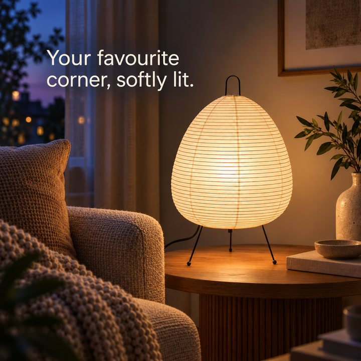 Paper table lamp illuminating a lounge side table at dusk