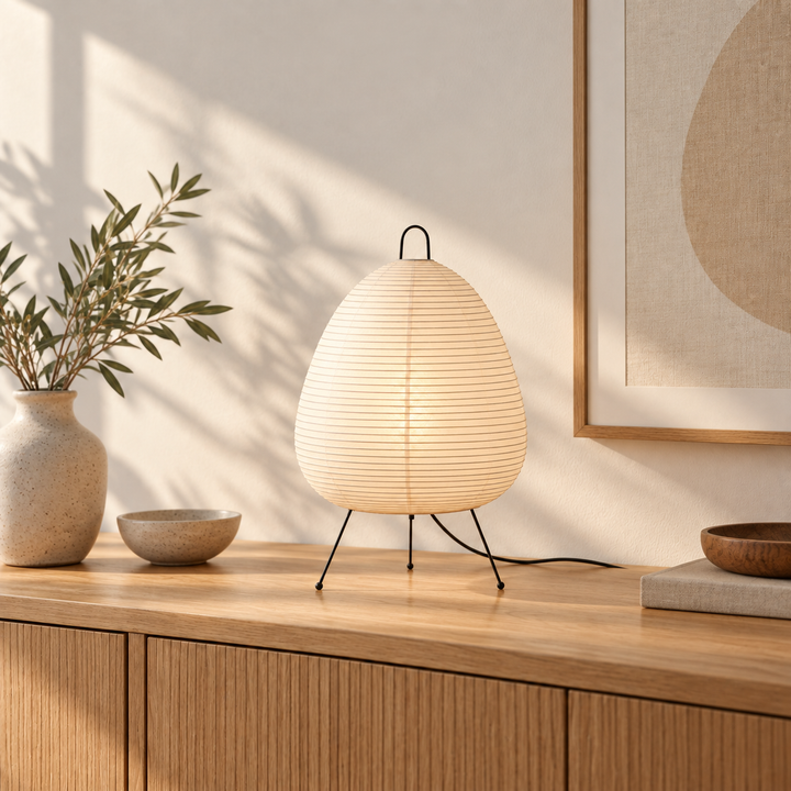 White paper lamp on a timber sideboard in afternoon light