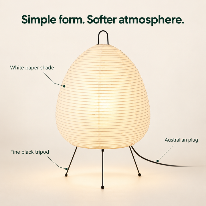 Japandi Paper Glow Table Lamp features and Australian plug option