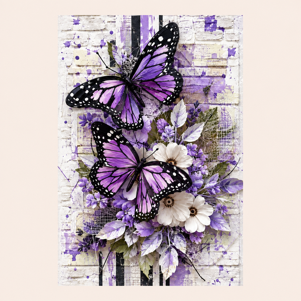 Violet wings & white blossoms · 30 × 40 cm diamond painting design