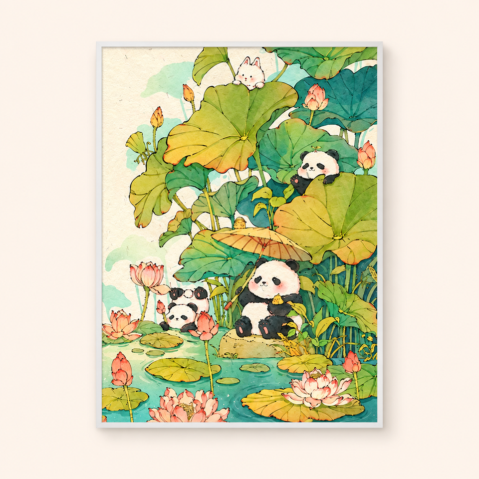 Pandas in the lotus pond · 40 × 50 cm · framed diamond painting design