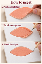 How to use a wooden Kinusaiga tucking tool: position fabric, tuck into the groove and finish the edges