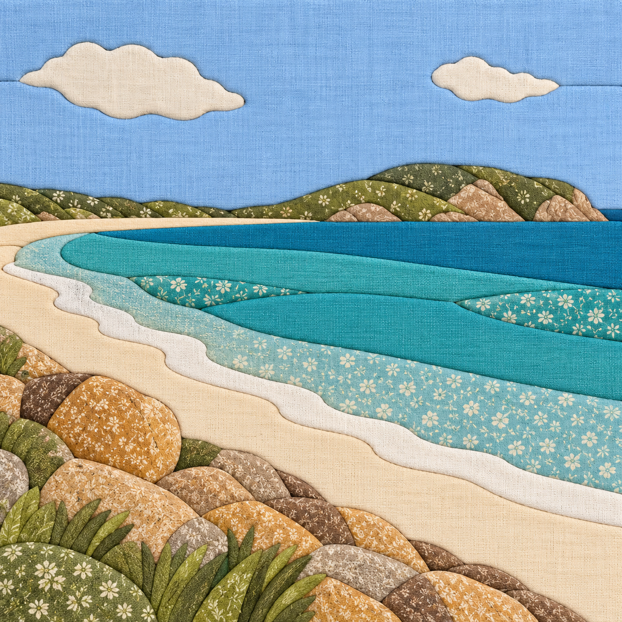 The same coastal bay reimagined in textured cotton fabric shapes