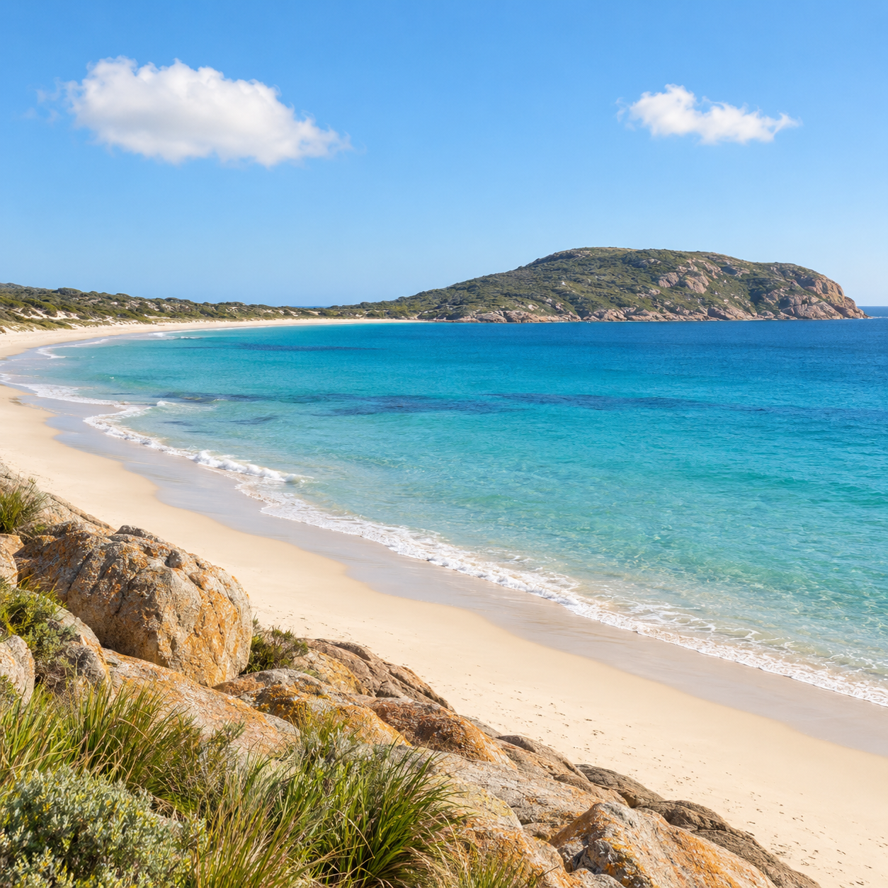 AI-generated coastal landscape with a turquoise bay, sandy beach and green headland
